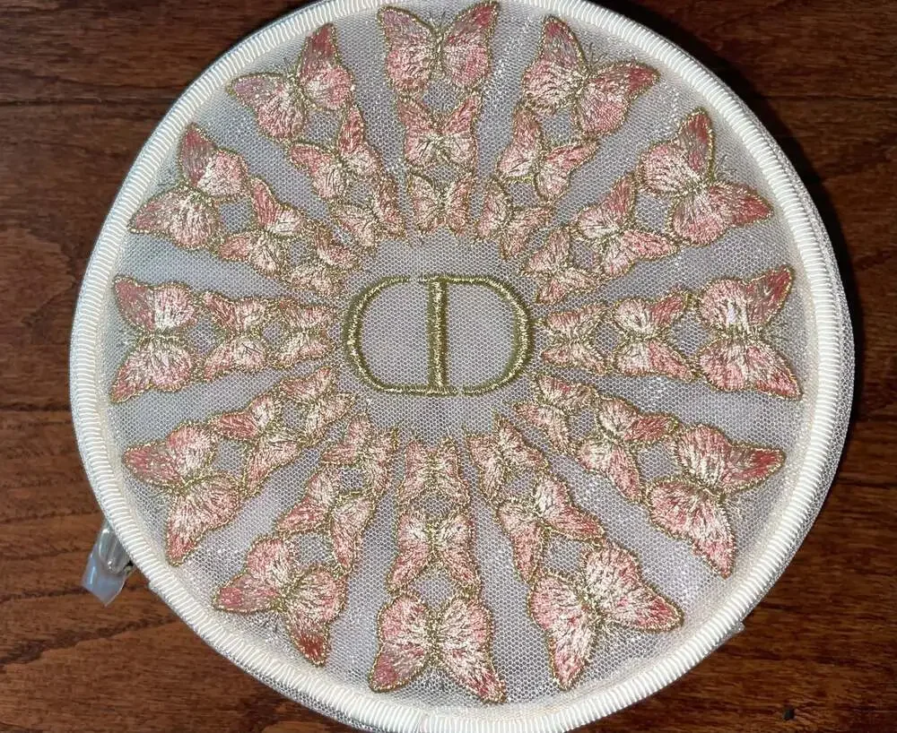 NWT Dior Pink Butterfly Round Mesh Vanity Jewelry Case Pouch